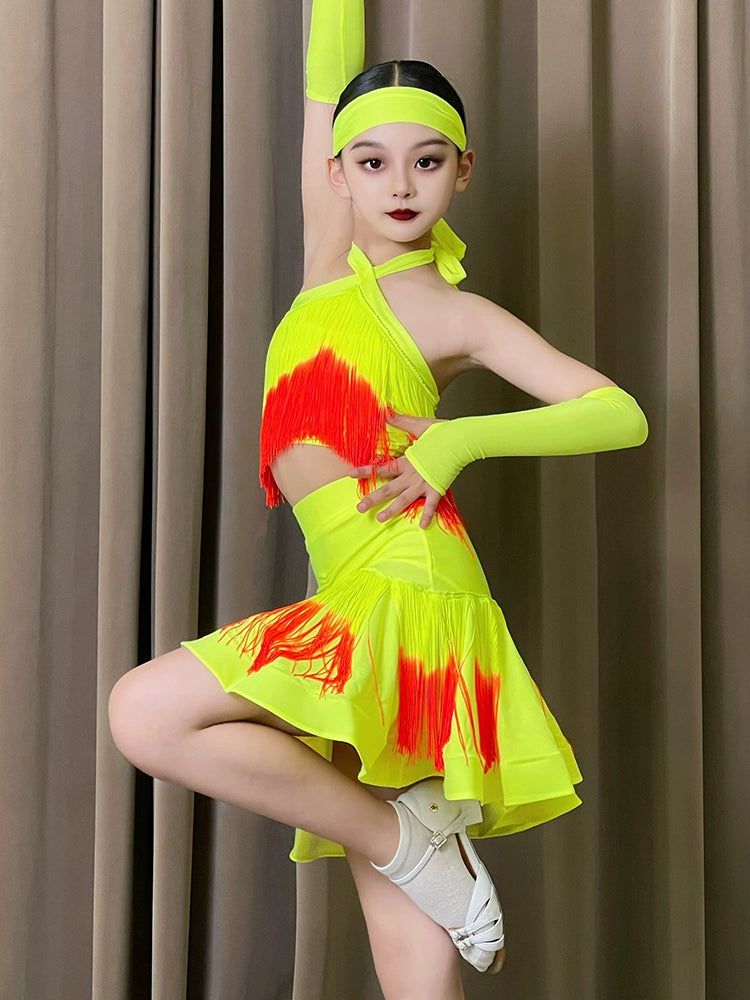 Pink Neon Green Red Fringe Latin Dance Dresses for Girls Kids Salsa Rumba Chacha Halter Neck Performance Clothing for Children