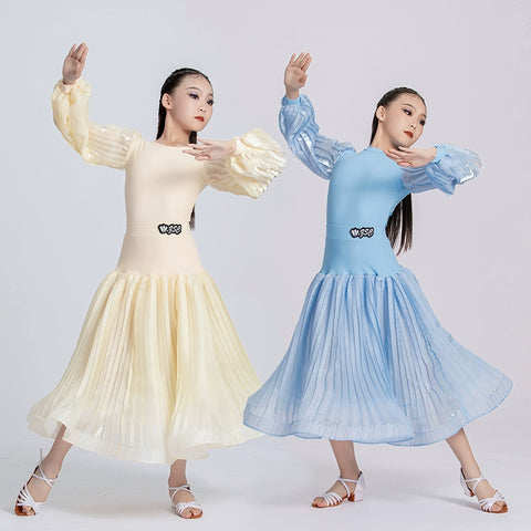 Light blue Yellow Ballroom Dance dresses for kids girls professional national waltz foxtrot smooth dance long gown for Children