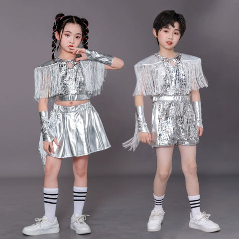 Children's Silver fringe Sequins jazz dance Costumes Hip Hop Catwalk Models Dance outfits for  Boys Girls