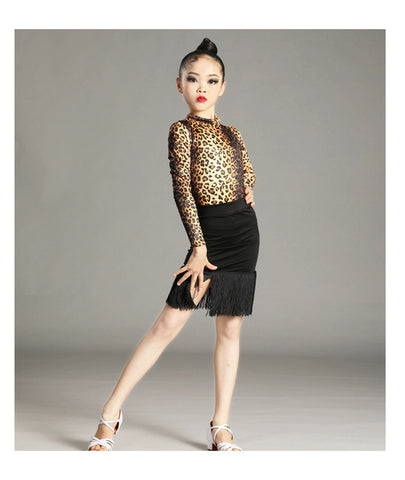 Children's Leopard with Black Fringe Competition Girls Long Sleeves Latin Dance Dresses Salsa Rumba Chacha Grading Test Professional Dance Costumes