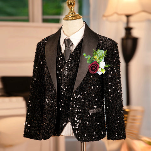 Children Boys Jazz Dance Black Sequined Coat Wedding Party Flower Boys Dress Suit Boy Host Pianist Performance Jacket British Style