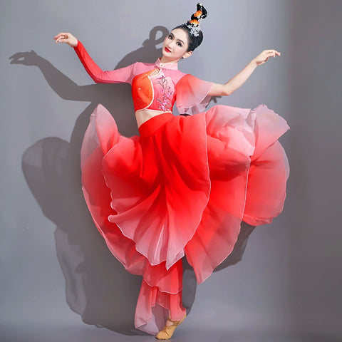 Red gradient chinese folk Classical dance costumes women Festival traditional umbrella fan yangge dance petals dresses