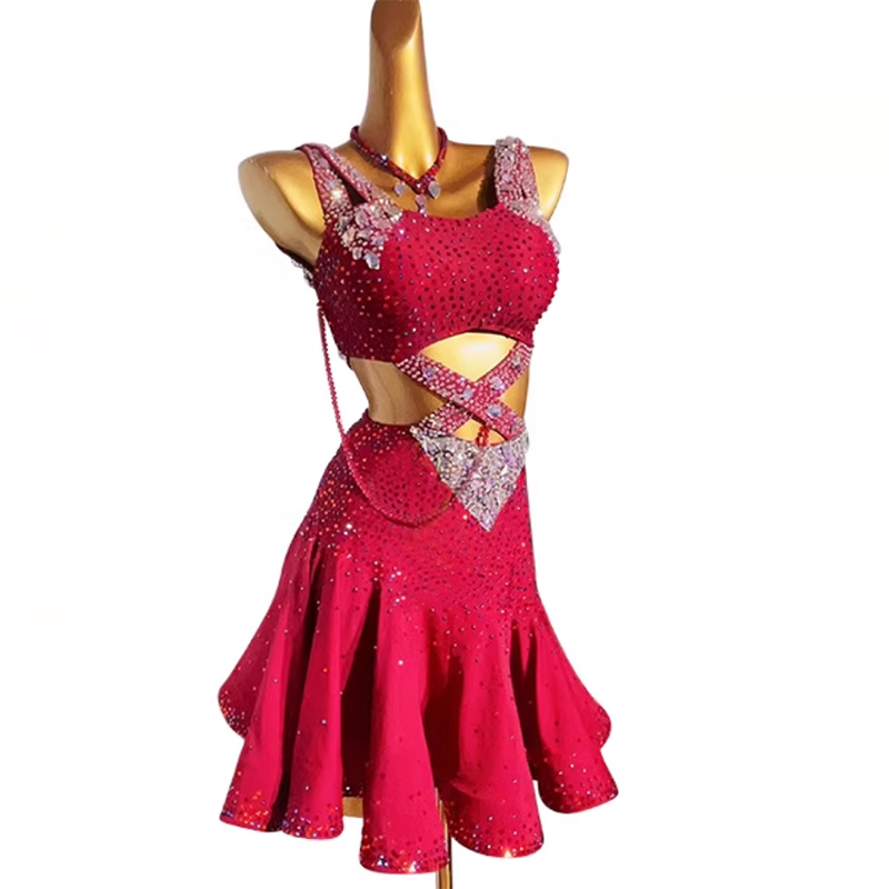 Custom Size Wine Rhinestones Competition Latin Dance Dresses for Women Girls Salsa Rumba Chacha Dance Performance Outfits Solo Dance Wear