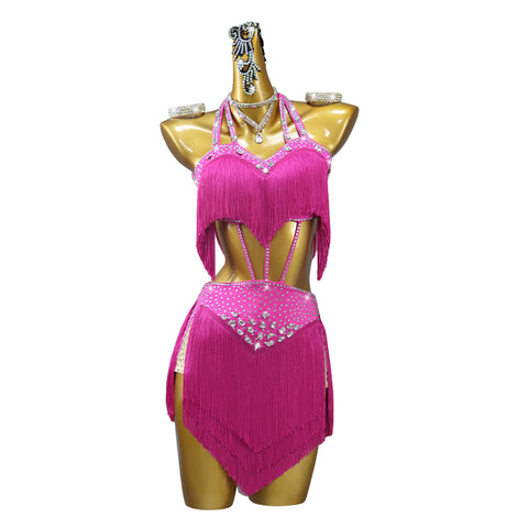 Professional Hot Pink Stones Latin Dance Dresses for Women Girls Cha Cha Jive Salsa Fringed Performance Costumes