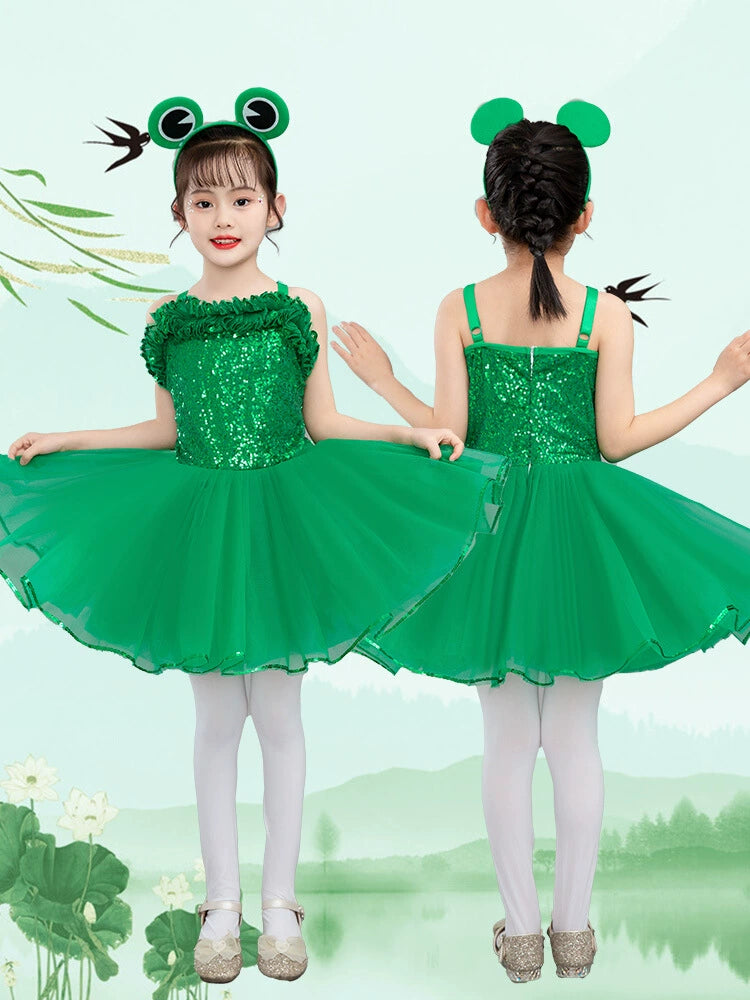 Children's Little frog dance costumes girls tutu skirts Halloween Xmas party dress up green jazz performance princess skirt green lotus leaf