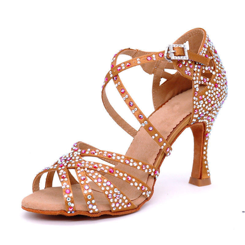 Colorful Diamond Pink Latin Dance Shoes for Women Girls High Heel Soft Sole Ballroom Tango Salsa Chacha Samba Dance Shoes Sandals