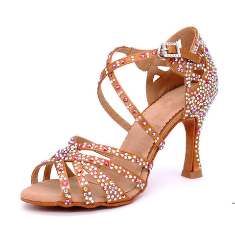 Colorful Diamond Pink Latin Dance Shoes for Women Girls High Heel Soft Sole Ballroom Tango Salsa Chacha Samba Dance Shoes Sandals