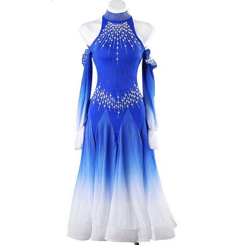 Royal Blue Black Gradient Competition Ballroom Dance Dress for Women Girls Rhinestones Halter Neck Dew Shoulder Waltz Tango Party Dance Long Gown for Female