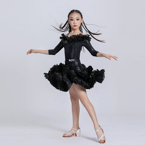 Children's Black Shiny Leather Latin Dance Dresses Salsa Ballroom Competition Dance Skirts Art Test Party Performance Ballroom Gown for Girls