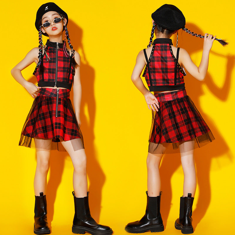 Children Red plaid street hip-hop jazz dance costume group band gogo dancers rapper singers dance outfits model show catwalk clothes for kids