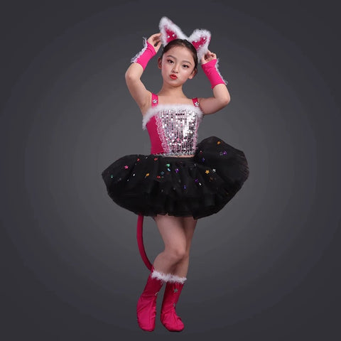 Toddler Pink Black Cat Jazz Dance Costumes for Girls Boys Modern Anime Cartoon Halloween Party Dress Up Cosplay Dancing Dance Costume