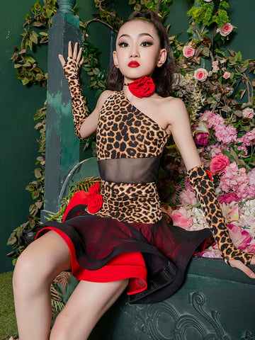 Children's leopard red rose Latin dance costume slant neck girls ballroom salsa rumba chacha latin performance dresses for kids