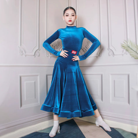 Girls Blue Purple Grey Velvet Ballroom Latin Dance Dresses for Kids Children  Competition Professional Performance Long Skirts for Children