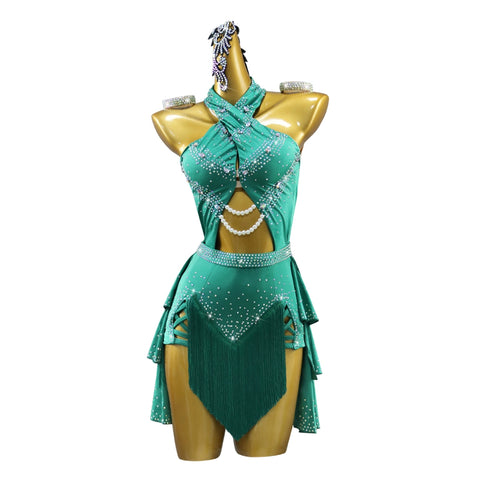 Dark Green Fringe Competition Latin Dance Dresses for Women Girls Professional Salsa Rumba Chacha Dance Costume Solo Flower Performance Outfits