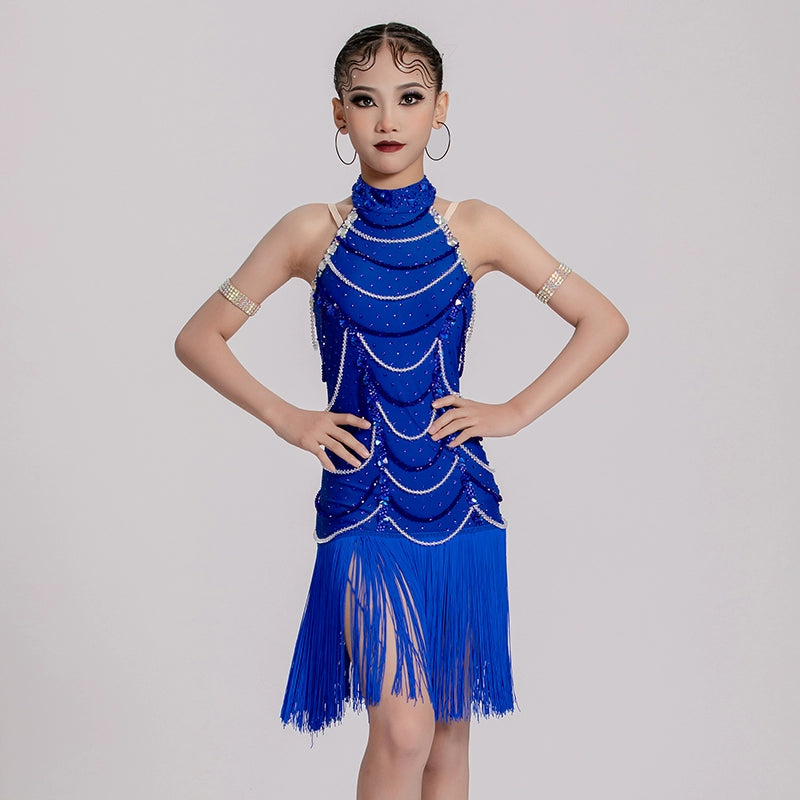 Custom Size Rhinestones Royal Blue Fringe Competition Latin Dance Dresses for Girls Kids Salsa Rumba Chacha Tassel Professional Art Test Dance Skirts