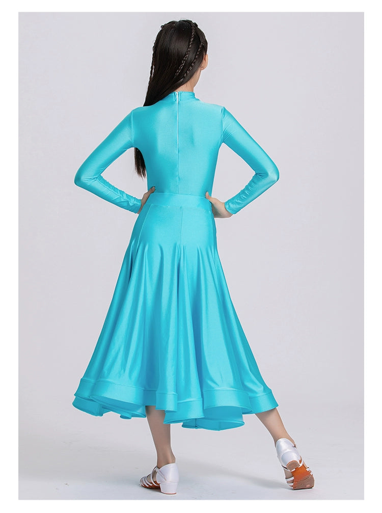 Blue Red Ballroom Dance Dresses for Girls Kids Long-sleeved  Latin Tango Waltz Juvenile Performance Long Gown Art Test Performance Skirts