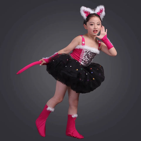 Toddler Pink Black Cat Jazz Dance Costumes for Girls Boys Modern Anime Cartoon Halloween Party Dress Up Cosplay Dancing Dance Costume