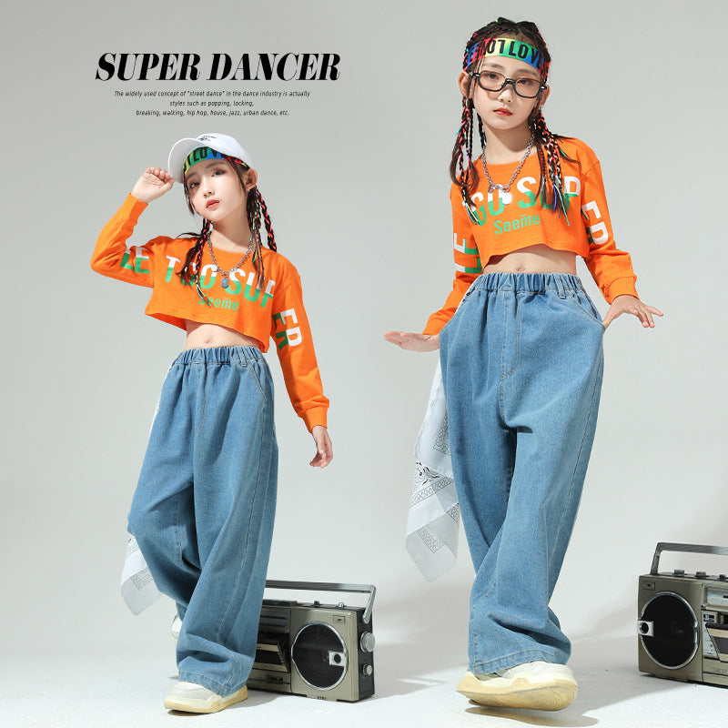 Children's Hip Hop Jazz Dance Costumes Orange Blue Kids Street Dance Clothing Girls Jeans Walk Show Outfits