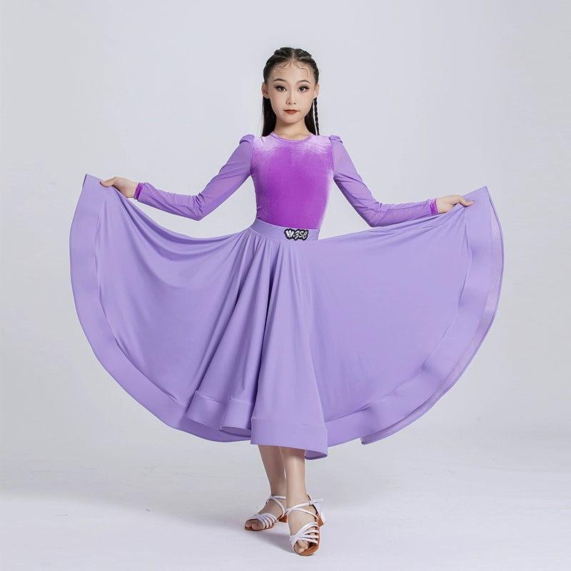 Light Purple Velvet Ballroom Dance Dresses for Girls Kids Children Waltz Tango Ballroom Performance Uniforms Party Performance Praise Dress