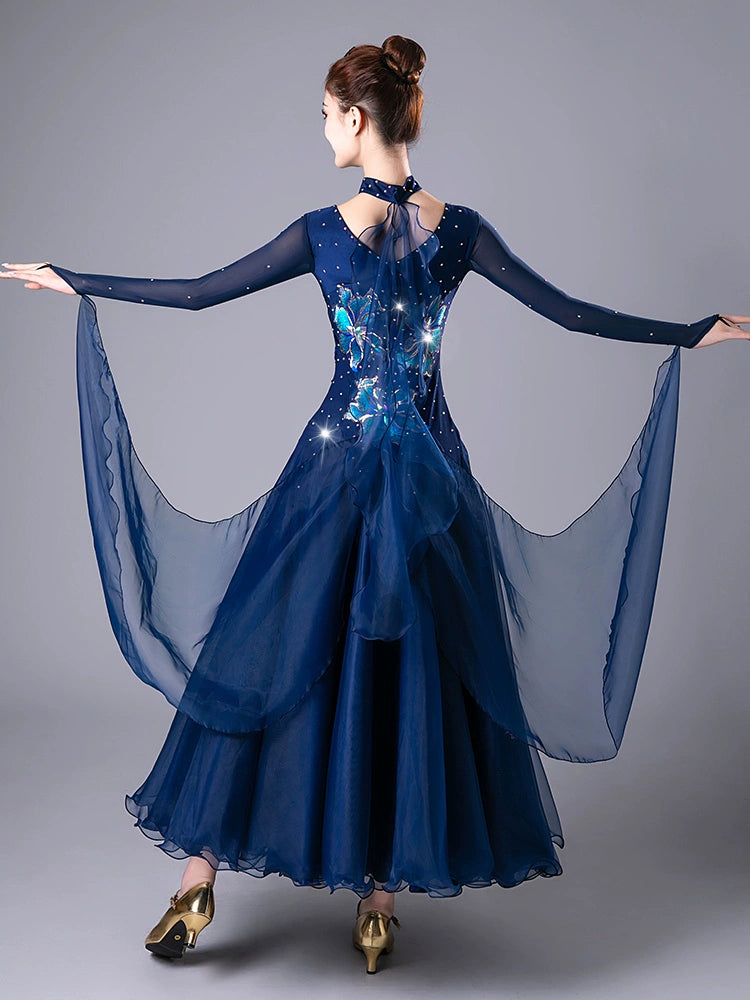 Navy Red Competition Ballroom Dance Dresses for Women Girls Diamond Waltz Tango Foxtrot Rhythm Performance Costumes