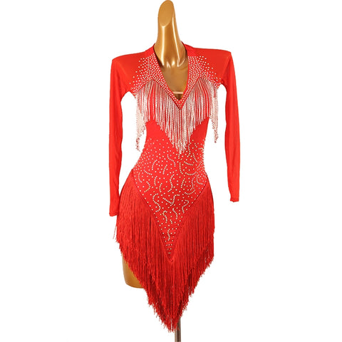 White Red Blue Fringe  Latin Dance Dress for Women Girls Purple Long Sleeves Rhinestones Competition Performance Rumba Chacha Dancing Costumes for Female