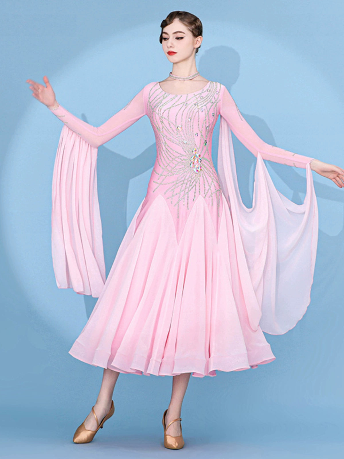 Custom size pink gemstones competition ballroom dance dresses for women girls kids Modern waltz tango foxtrot smooth rhythm performance gown