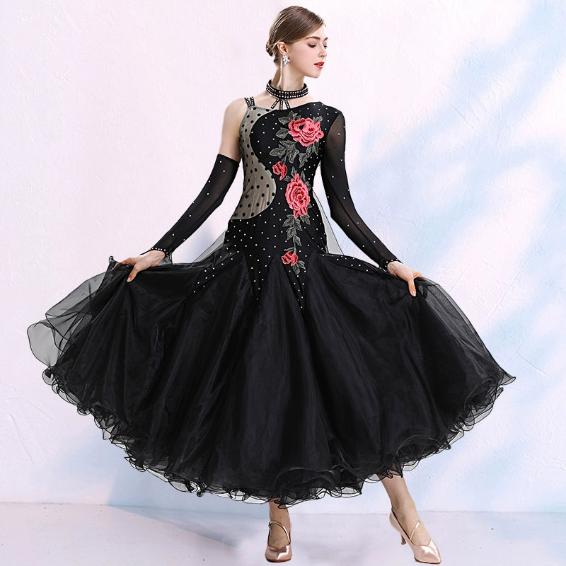 One Shoulder Black Ballroom Dance Dresses for Women Girls Rose Flowers Adult Female National Standard Social Dance Waltz Tango Performance Gown