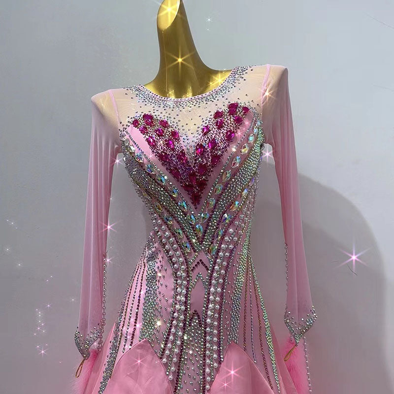 Customized Size Rhinestones Light Pink Competition Ballroom Dance Dresses for Women Girls Waltz Tango Foxtrot Rhythm Smooth Dance Swing Skirt