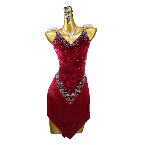 Wine Velvet Competition Latin Dance Dresses for Women Girls Latin Salsa Rumba Chacha Fringe Professional Performance Outfits