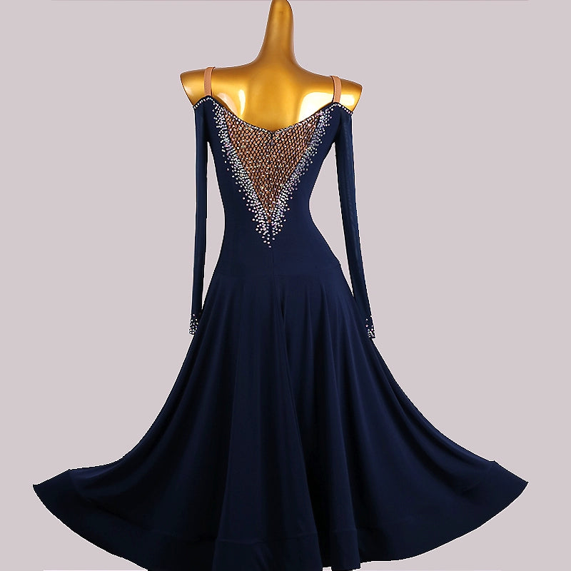 Custom Size Handmade Competition Navy Ballroom Dance Dresses for Women Girls Hollow Shoulder Waltz Tango Foxtrot Smooth Dance Long Gown for Female