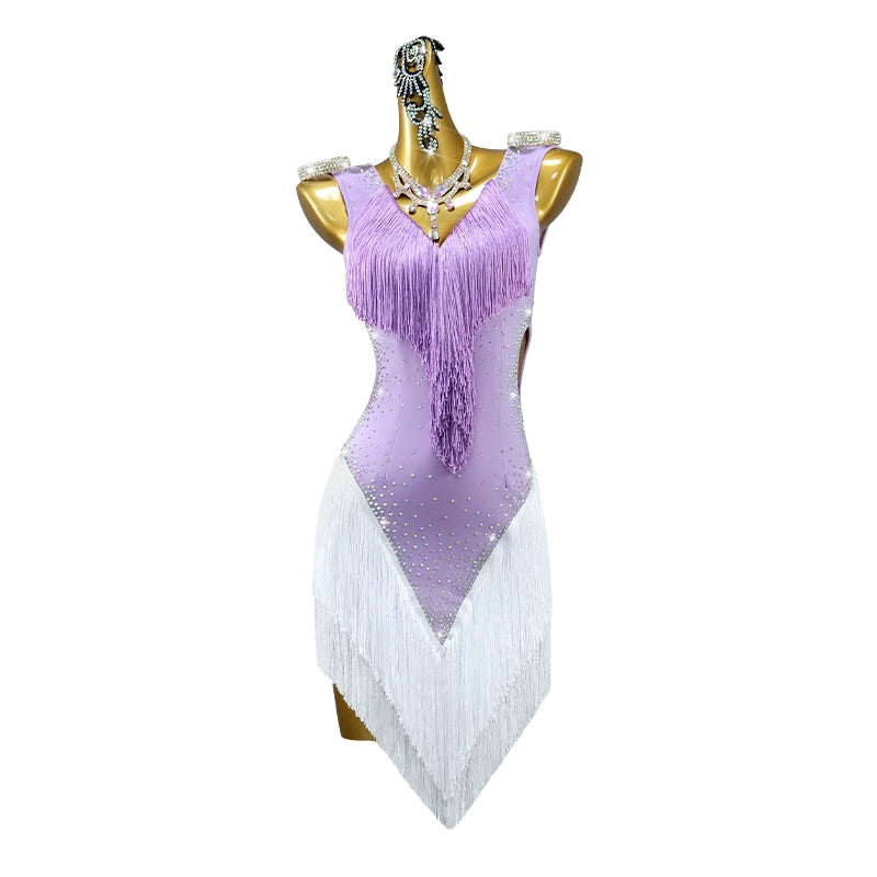 Lavender Latin Dance Competition Dresses for Women Girls Light Purple with White Fringe Salsa Rumba Samba Chacha Dance Costumes