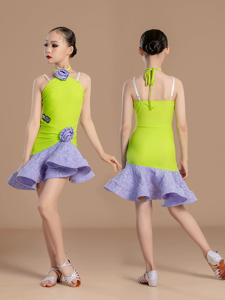 Latin dance dresses for girls kids green purple ballroom salsa performance outfits for children's suspender dance training clothes