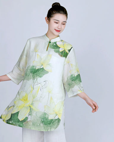 Tai Chi clothing for women green lotus linen breathable wushu martial art chinese kung fu morning exercises performance uniform for female