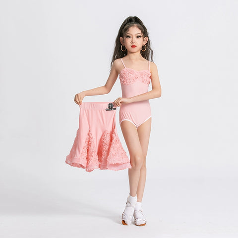 Children's pink rose flowers latin dance dresses girls salsa rumba chacha dance outfits flower dance wear for kids