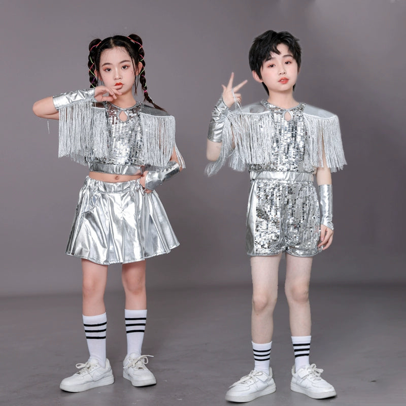 Children's Silver fringe Sequins jazz dance Costumes Hip Hop Catwalk Models Dance outfits for  Boys Girls