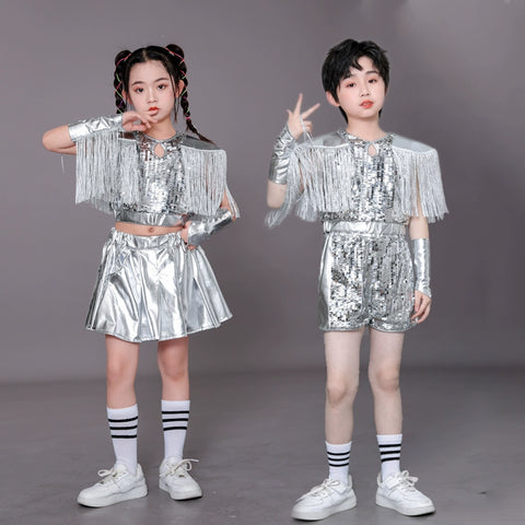 Children's Silver fringe Sequins jazz dance Costumes Hip Hop Catwalk Models Dance outfits for  Boys Girls