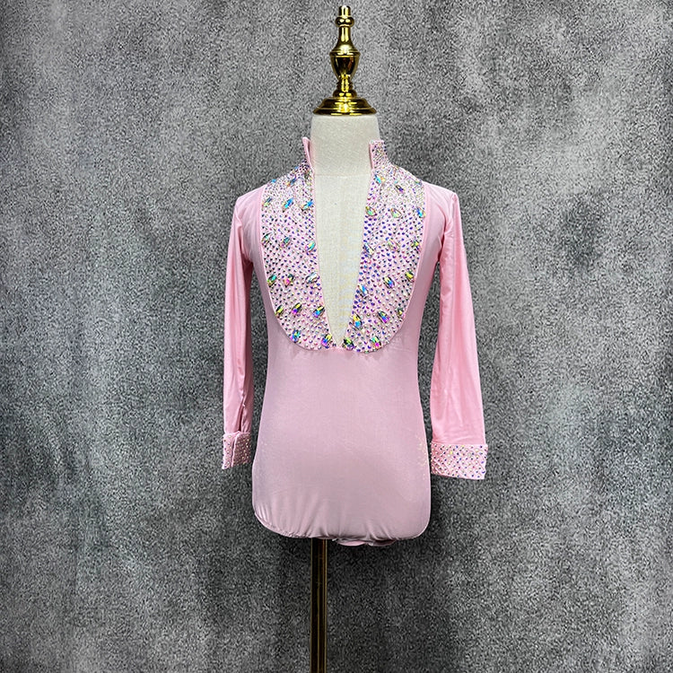 Custom Size Pink Rhinestones Boys Latin Dance Shirts Salsa Ballroom Flower Costume Competition Performance Top for Kids