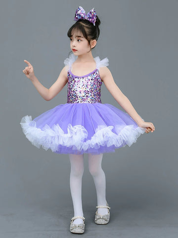 Girls light purple sequined tutu skirt ballet princess dress kindergarten kids modern jazz dance costume