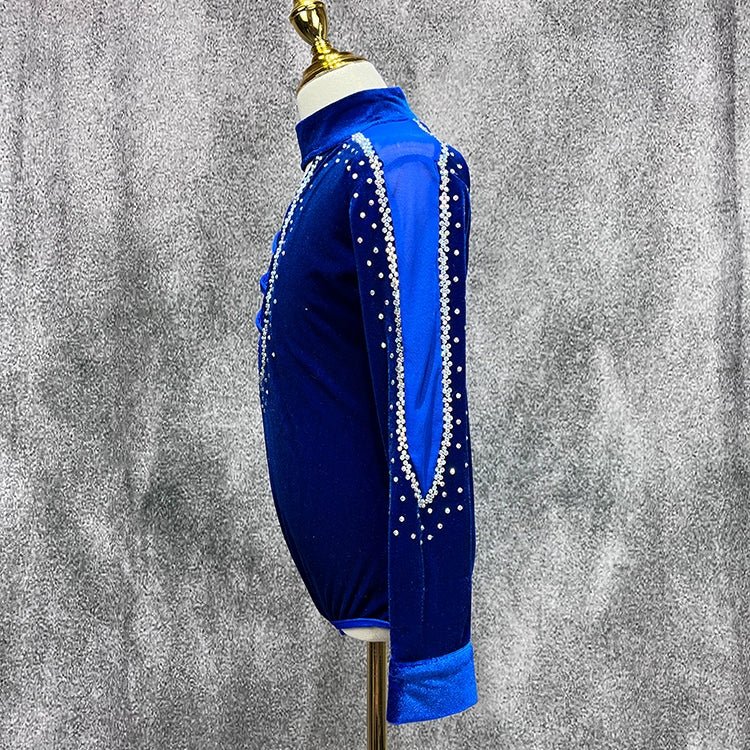 Children Boys Royal Blue Velvet Latin Dance Shirts Kids Rhinestones Turtle Neck Ballroom Latin Dance Competition Leotard Tops