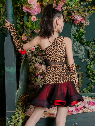 Children's leopard red rose Latin dance costume slant neck girls ballroom salsa rumba chacha latin performance dresses for kids