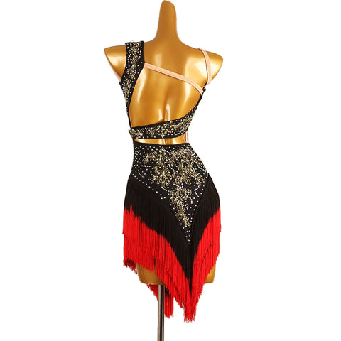 Red Black One Shoulder Latin Competition Dresses for Women Girls Slant Neck Diamond Bling Gradual Change Fringed Latin Salsa Chacha Dance Costume