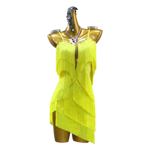 Yellow Latin Dance Dresses for Women Girls Diamond Salsa Rumba Chacha Fringed Skirt Solo Dance Costumes