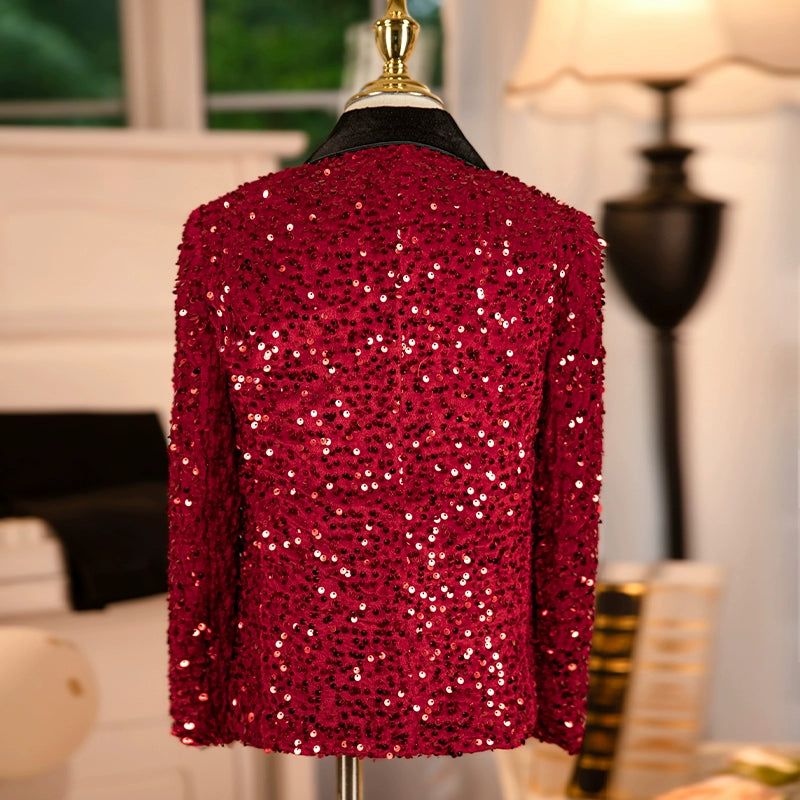 Boys Red Sequins Jazz Dance Coats Kids Singers Host Choir Model Piano Performance Blazers Wedding Party Flowers Boys Jackets Photos Shooting Suit