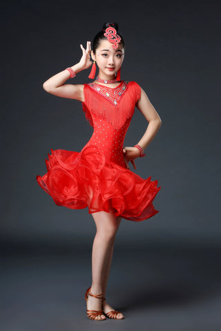 Kids Girls Competition Tassel Latin Dance Dresses Orange Red White Green Salsa Chacha Latin Party Performance Costume