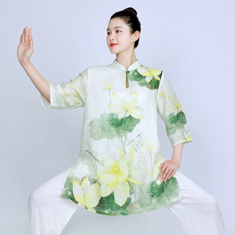 Tai Chi clothing for women green lotus linen breathable wushu martial art chinese kung fu morning exercises performance uniform for female