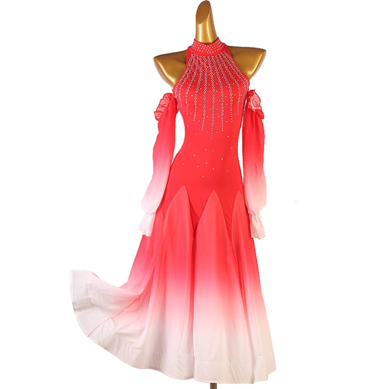 National Ballroom Dance Dresses for Women Girls Blue Purple Red Gradient Bling Waltz Tango Smooth Dance Long Gown Hollow Shoulder