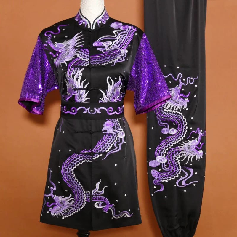 Customized size dragon Wushu martial art competition uniforms tai chi kungfu clothing for adult Children Changquan Nanquan Group Performance Suit