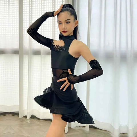 Girls Black Latin Dance Dresses Slant Neck Lace One Shoulder Salsa Rumba Chacha Performance Practice Costumes for Kids