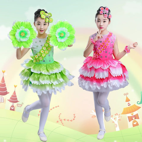 Children's Petal Pink Green Flowers Bloom Jazz Dance Dress Choir Opening Dance Performance Clothes Jasmine Peach Blossoms Fairy Cosplay Wear