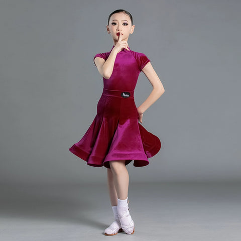 Latin Dance Competition dresses for kids girls  wine green Short Sleeves Standard  ballroom latin Competition Suit